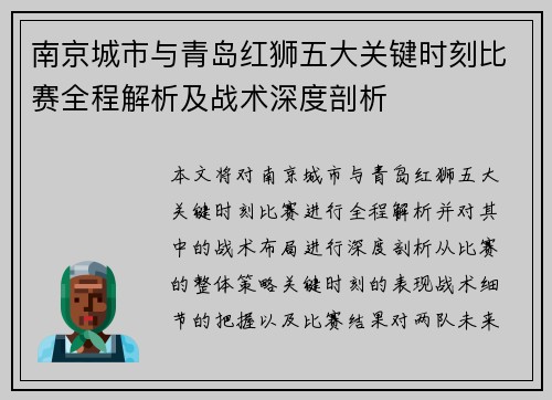 南京城市与青岛红狮五大关键时刻比赛全程解析及战术深度剖析